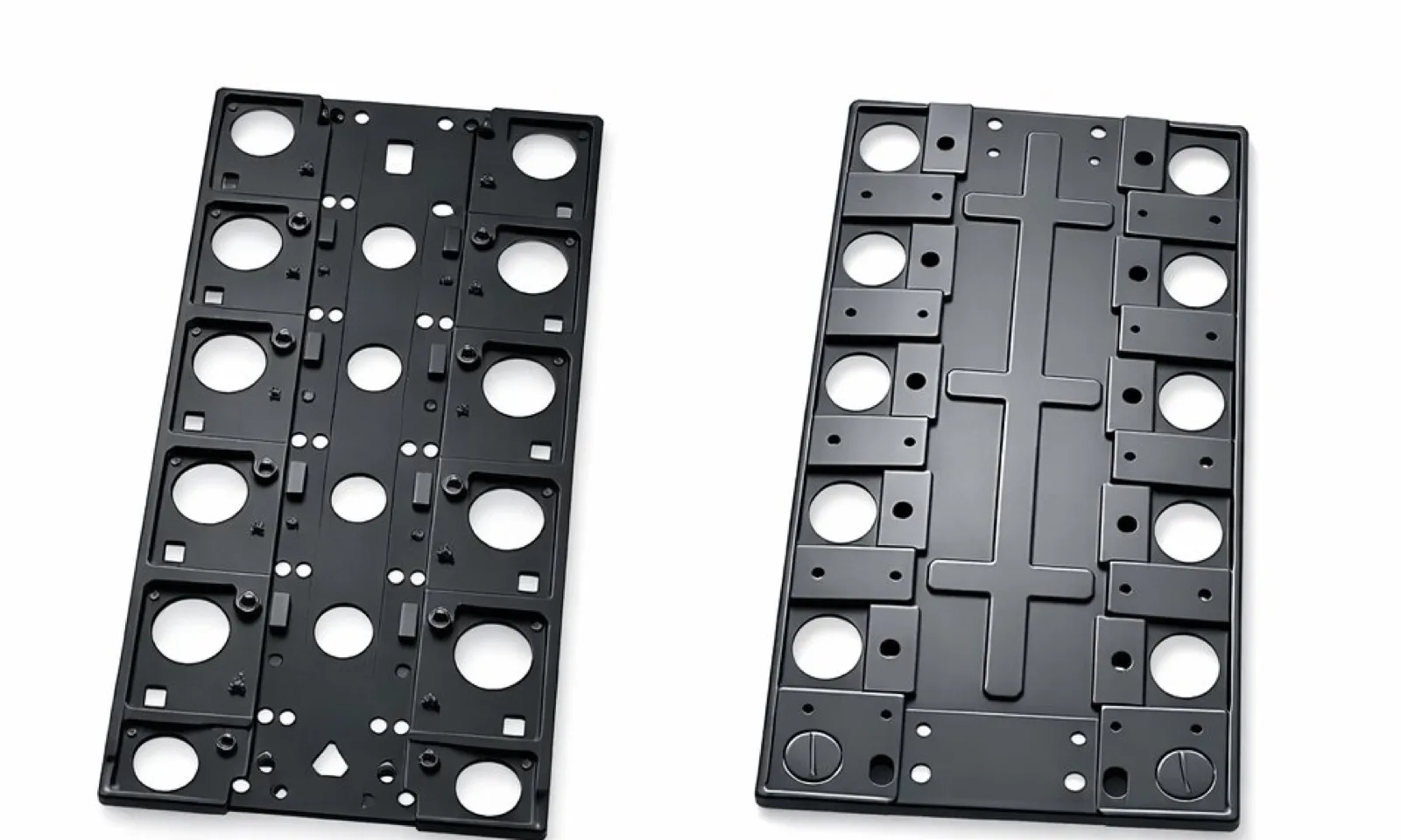 Two vacuum-formed black PC-FR V0 CCS tray variants with locating and fastening features