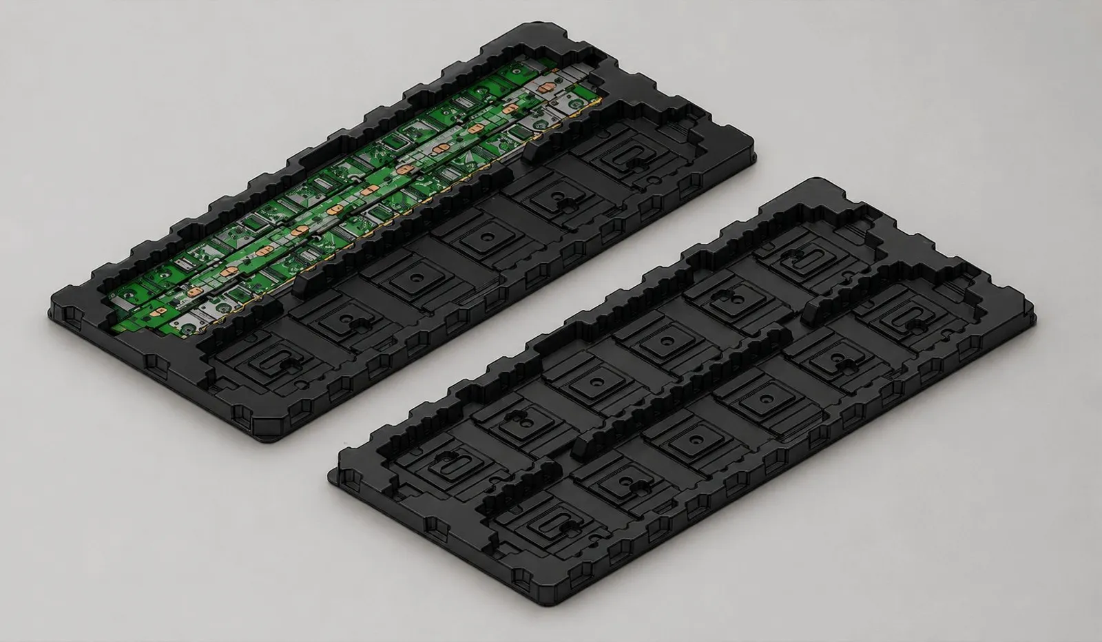 Vacuum-formed black PC-FR V0 CCS tray — empty and populated with cell-contacting PCBA