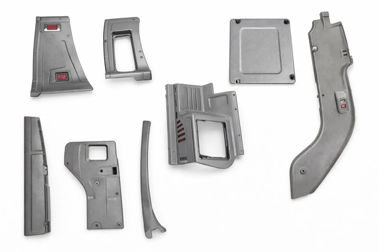 Pressure formed enclosure panels and housings with formed-in texture, cut-outs and sharp detail
