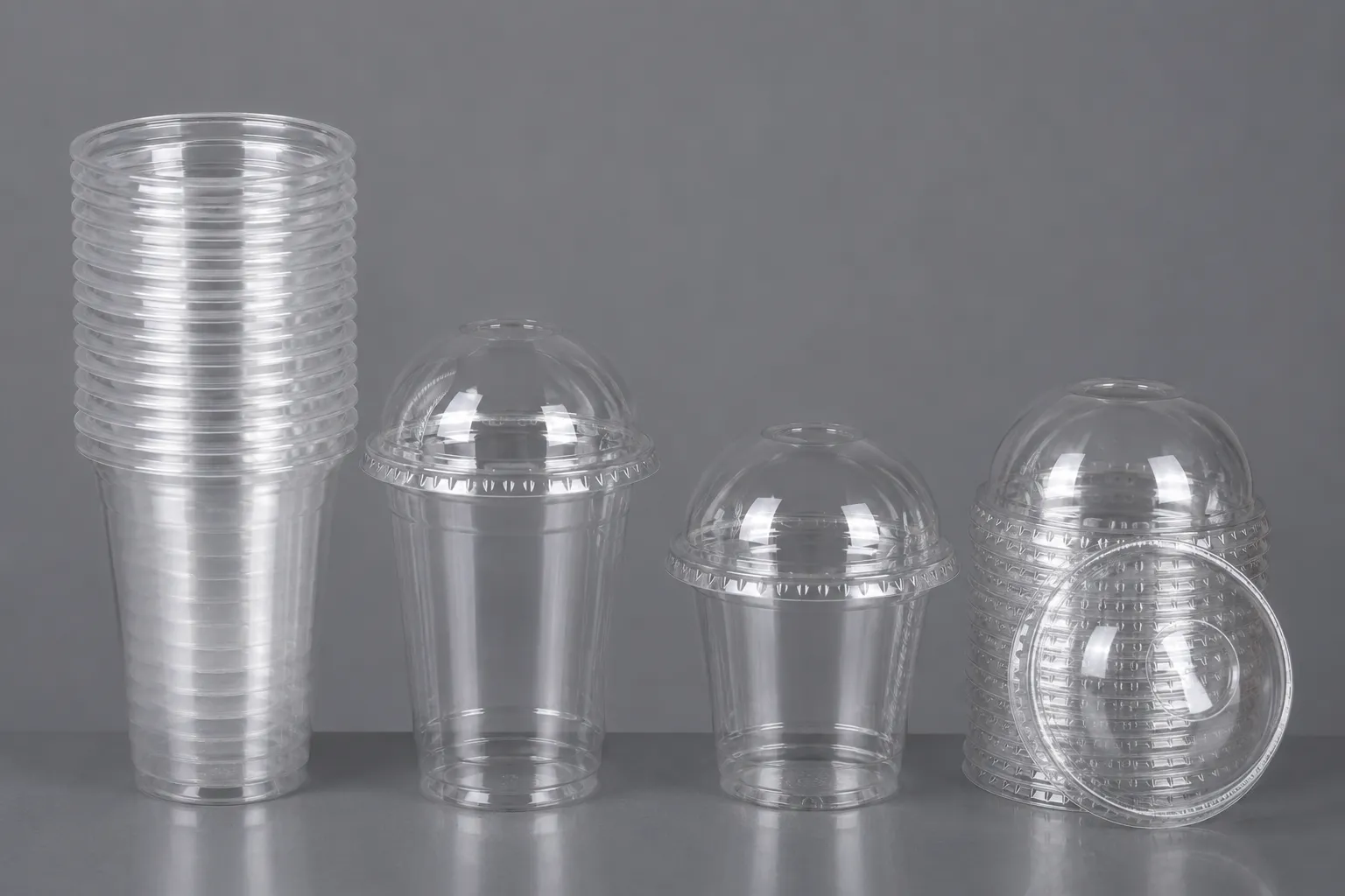 Clear thermoformed PET disposable cups with dome lids, stacked