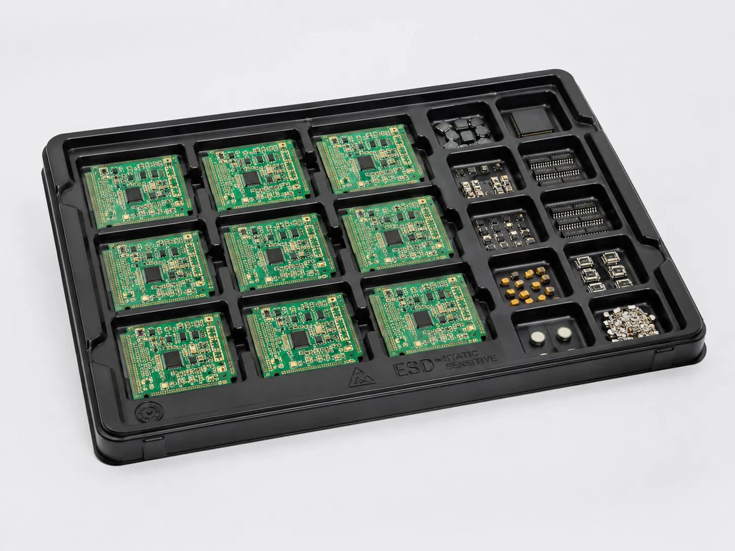 Static-safe handling trays for a semiconductor assembler