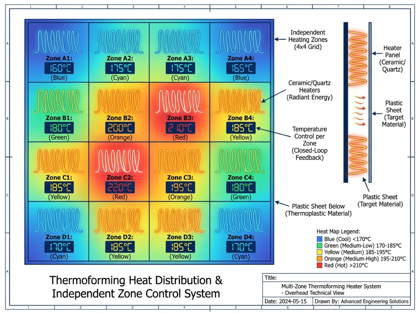 Multi-zone thermoforming heater system with independent temperature control per zone