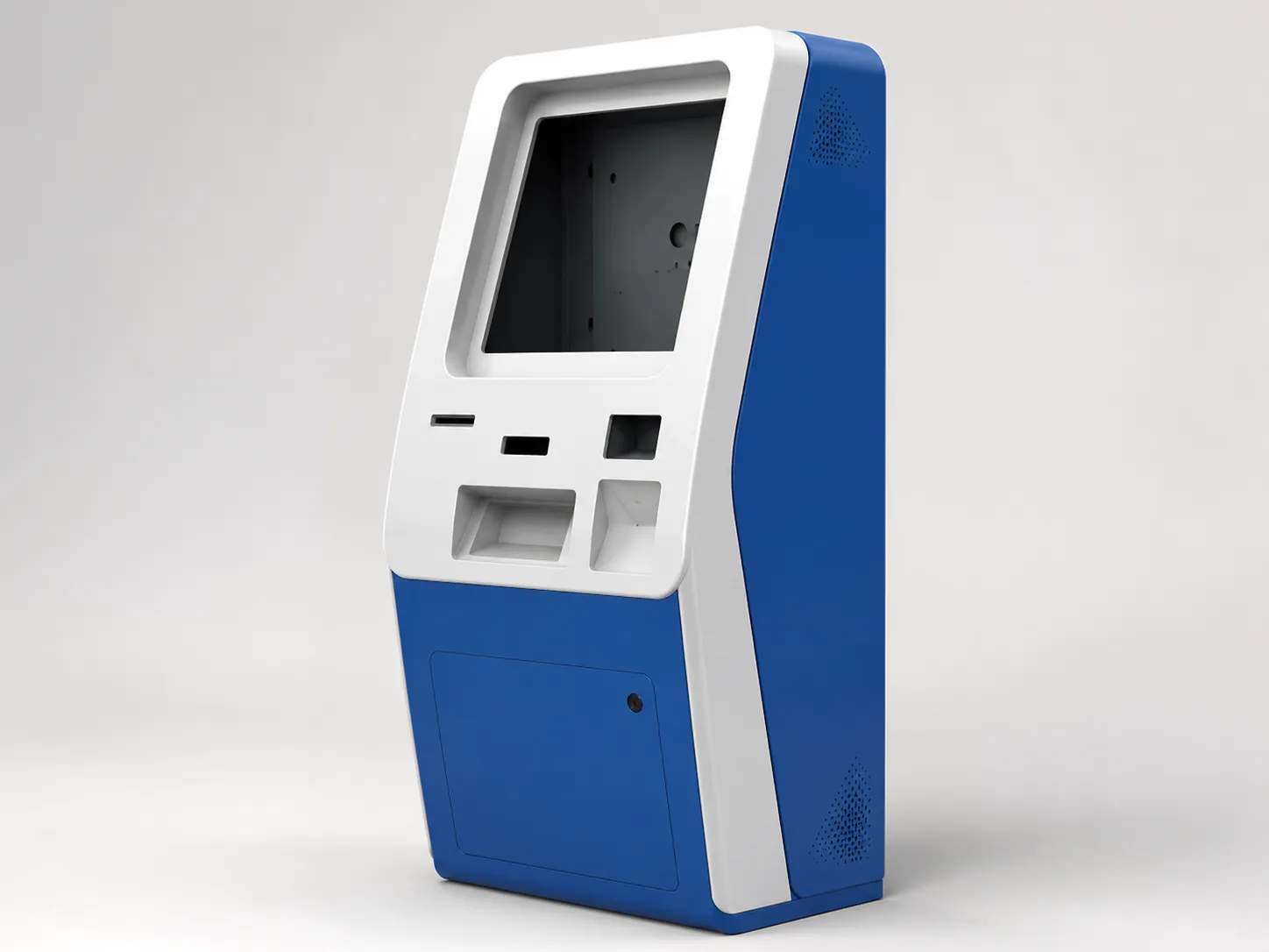 Blue and white thermoformed self-service kiosk enclosure with a screen cutout and card slots