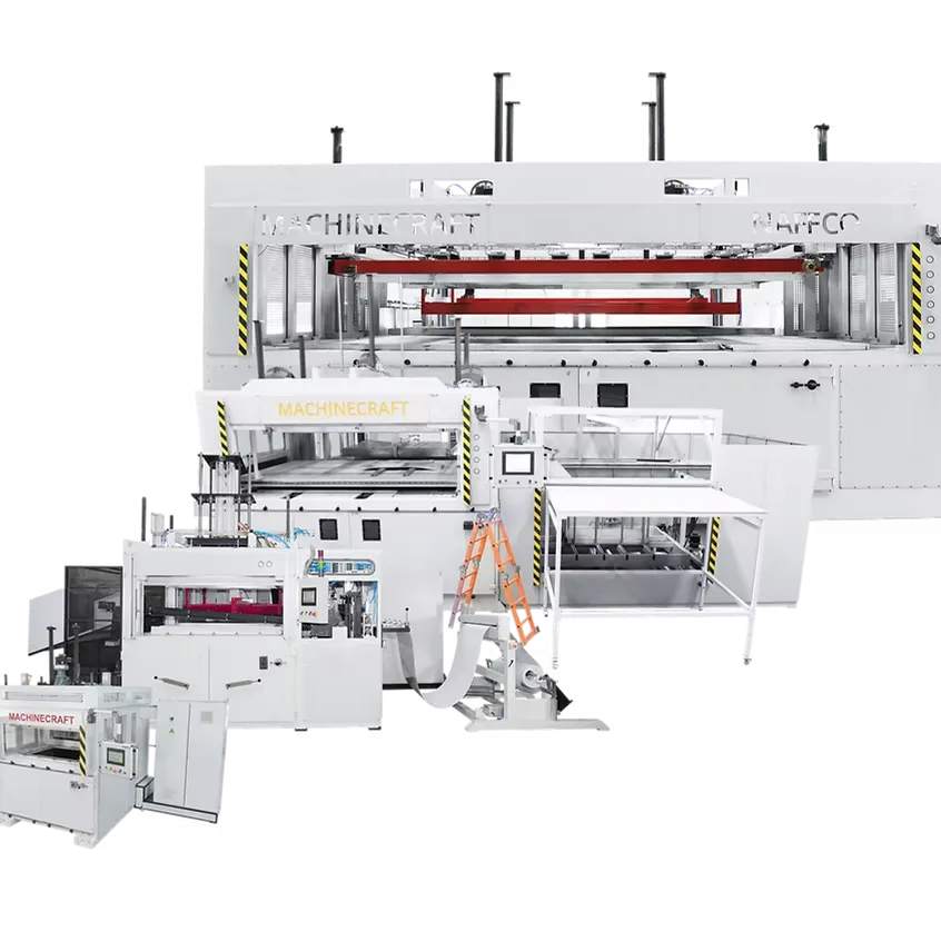The complete in-house thermoforming line at Indu Thermoformers — sheet extrusion, thick- and thin-gauge forming, CNC trimming and VMC tooling, engineered by the Machinecraft division