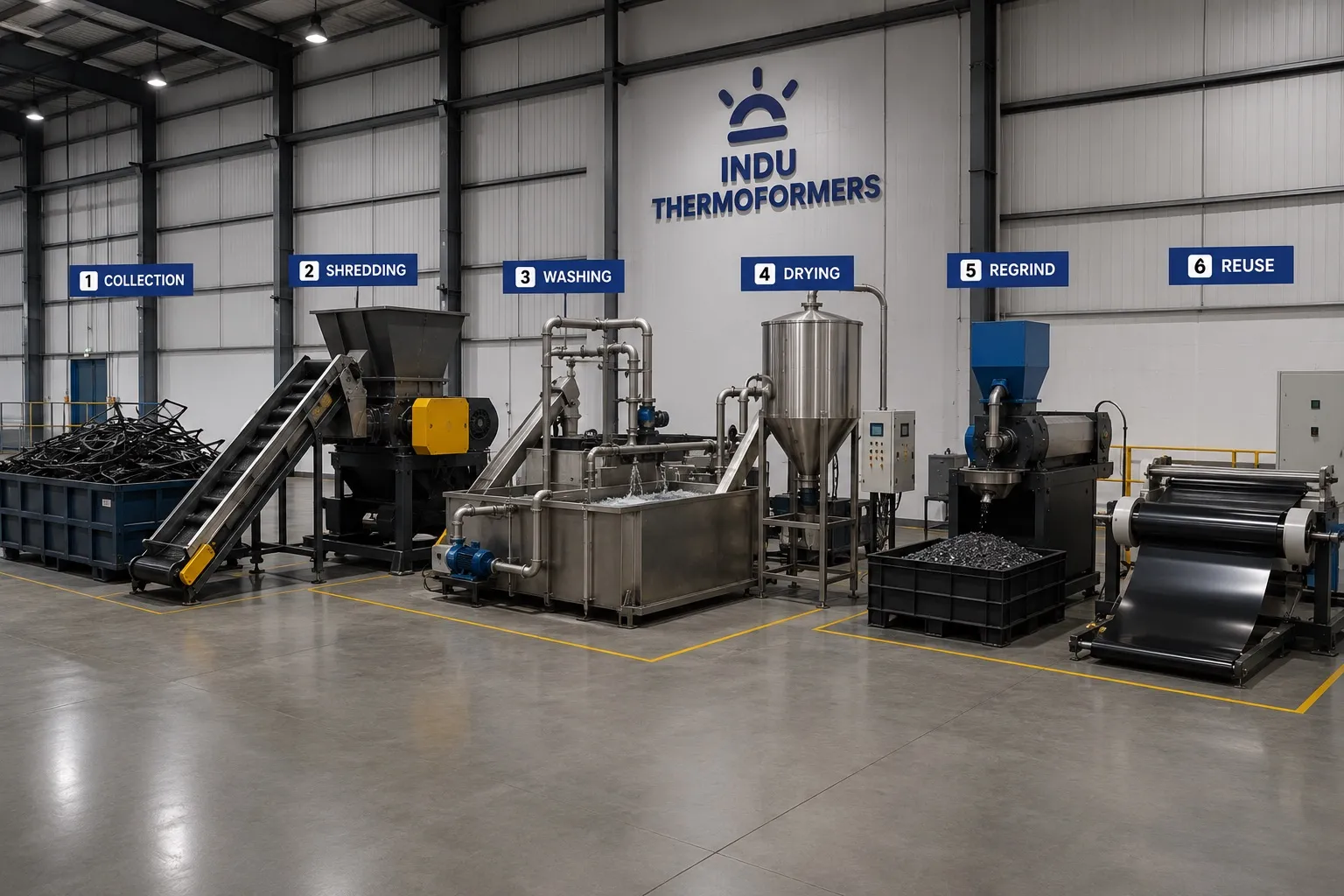 Indu Thermoformers in-house plastic recycling line — collection, shredding, washing, drying, regrind and reuse stations