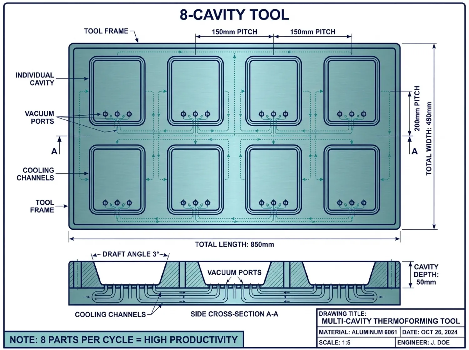 Machined aluminium thermoforming tool showing cavities, vacuum ports, cooling channels and draft angle