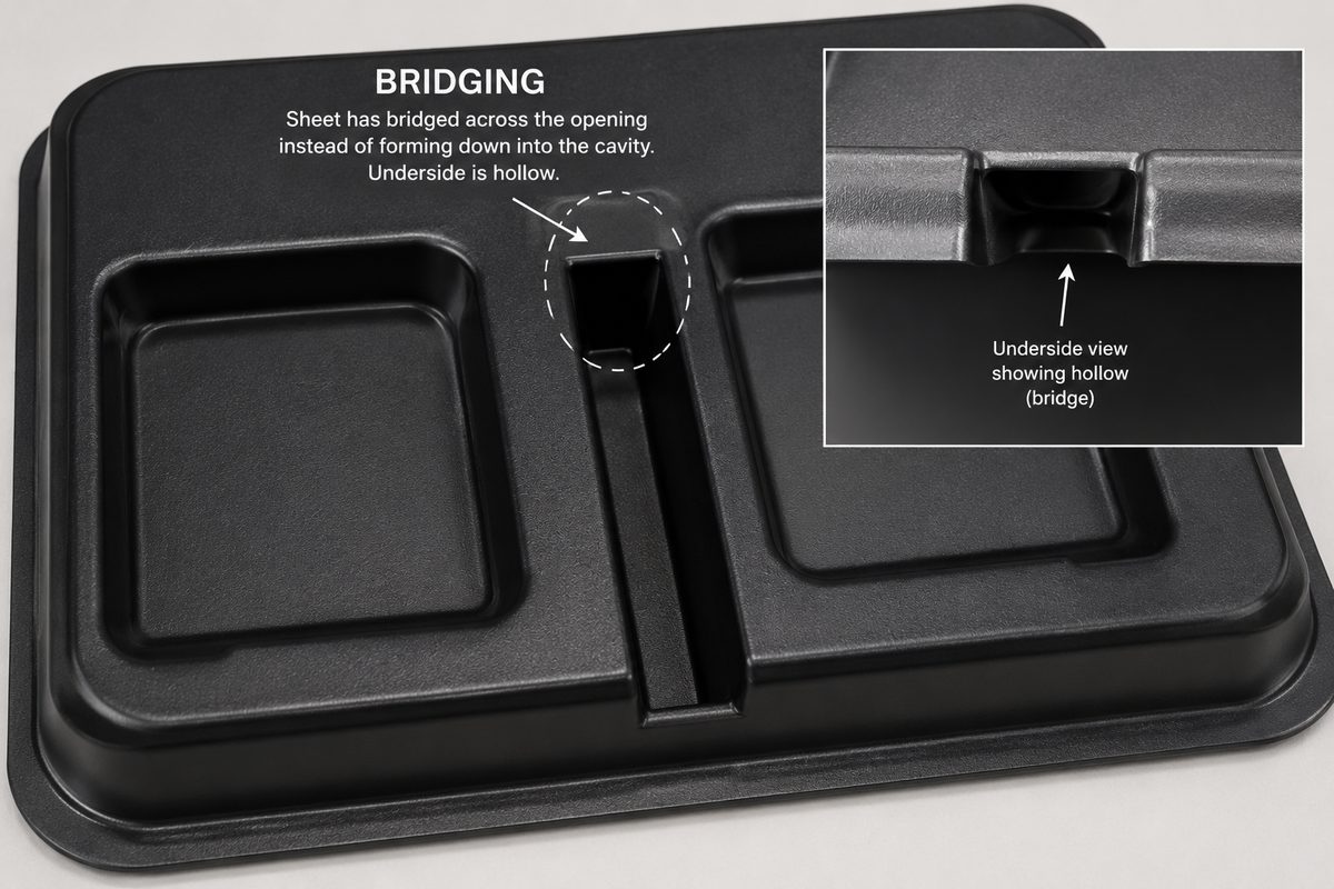 Bridging — visual reference of the defect on a thermoformed part