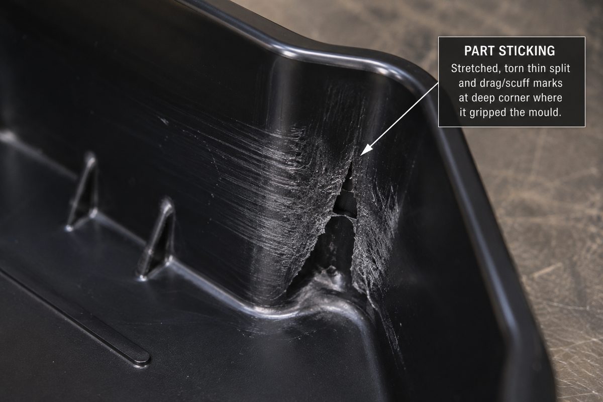 Part sticking to the mould — visual reference of the defect on a thermoformed part
